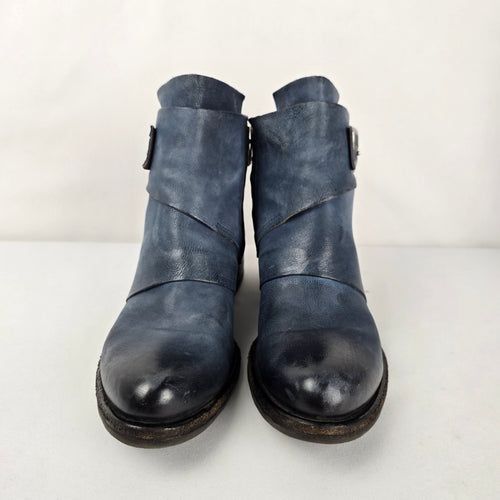 A.S.98 Women's Blue Distressed Leather Double Buckle Ankle Boots US 7.5