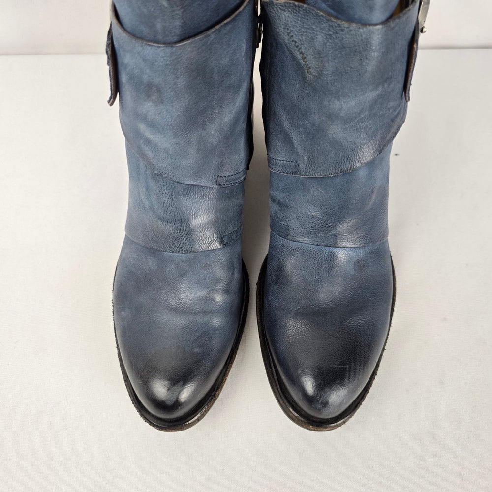 A.S.98 Women's Blue Distressed Leather Double Buckle Ankle Boots US 7.5