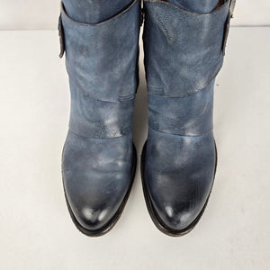 A.S.98 Women's Blue Distressed Leather Double Buckle Ankle Boots US 7.5
