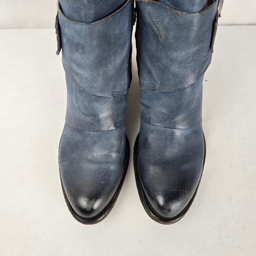 A.S.98 Women's Blue Distressed Leather Double Buckle Ankle Boots US 7.5