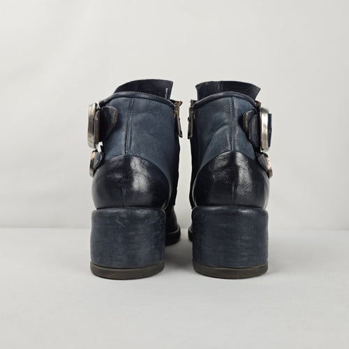 A.S.98 Women's Blue Distressed Leather Double Buckle Ankle Boots US 7.5