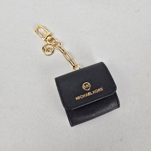 Michael Kors Black Leather AirPods Case Keychain Gold Tone Hardware