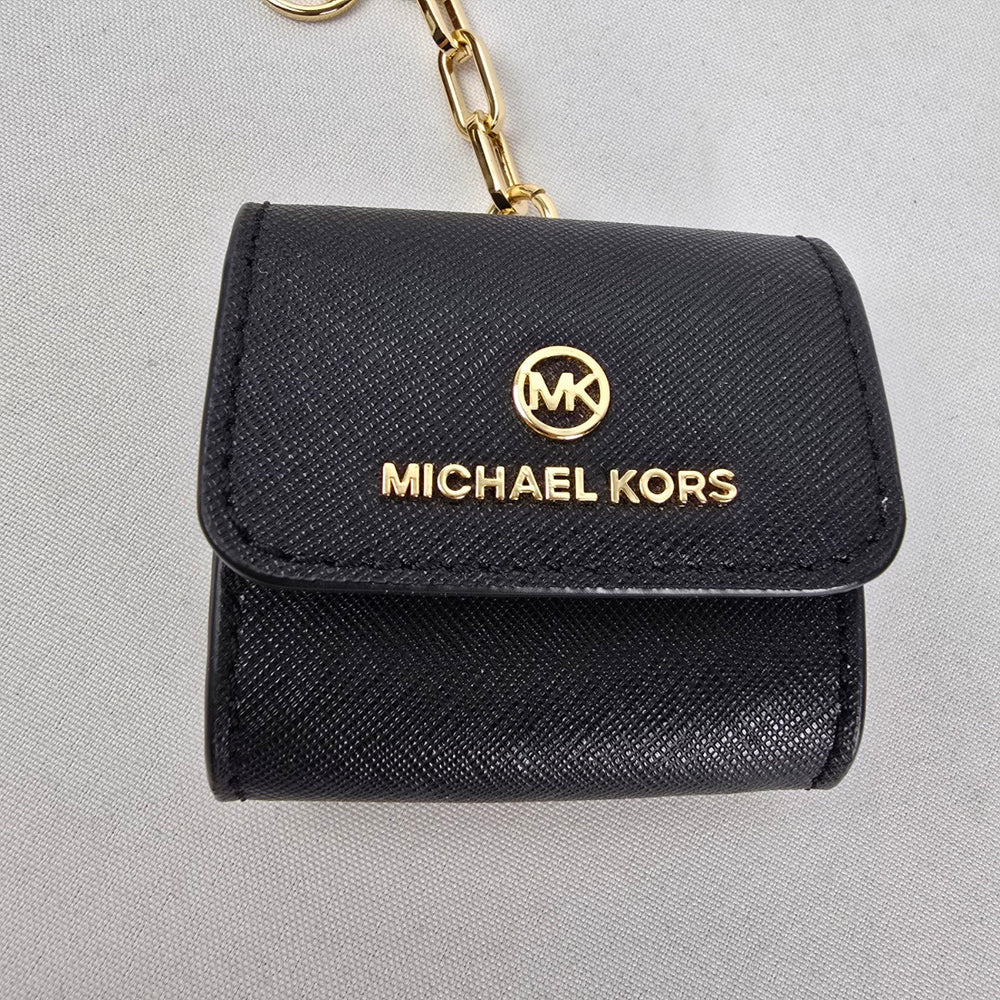 Michael Kors Black Leather AirPods Case Keychain Gold Tone Hardware