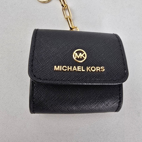 Michael Kors Black Leather AirPods Case Keychain Gold Tone Hardware