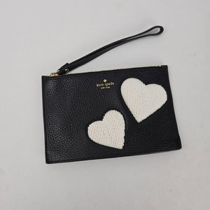 Kate Spade New York Beaded Hearts Leather Wristlet Pouch Black