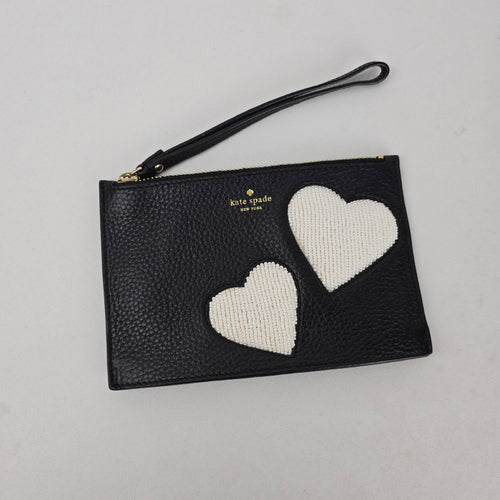 Kate Spade New York Beaded Hearts Leather Wristlet Pouch Black