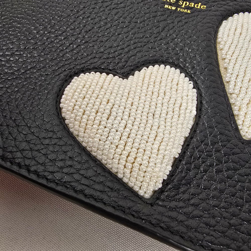Kate Spade New York Beaded Hearts Leather Wristlet Pouch Black
