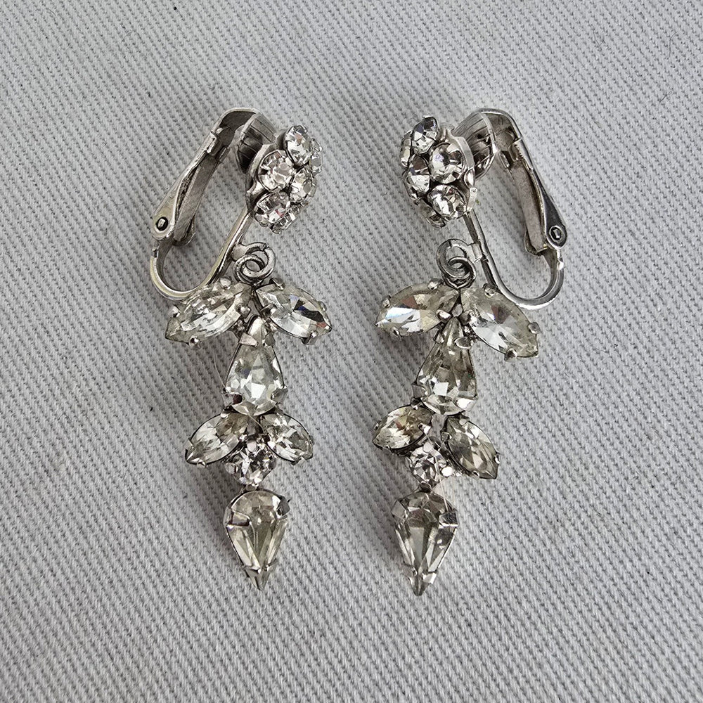 Vintage Signed Sherman Clear Rhinestone Drop Earrings