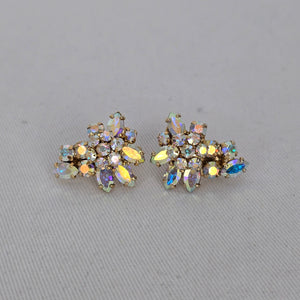 Vintage Sherman Aurora Borealis AB Rhinestone Gold Tone Clip On Earrings Signed