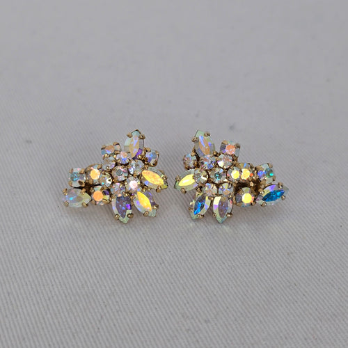 Vintage Sherman Aurora Borealis AB Rhinestone Gold Tone Clip On Earrings Signed
