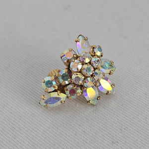 Vintage Sherman Aurora Borealis AB Rhinestone Gold Tone Clip On Earrings Signed