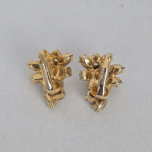 Vintage Sherman Aurora Borealis AB Rhinestone Gold Tone Clip On Earrings Signed