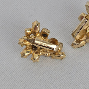 Vintage Sherman Aurora Borealis AB Rhinestone Gold Tone Clip On Earrings Signed