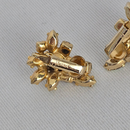 Vintage Sherman Aurora Borealis AB Rhinestone Gold Tone Clip On Earrings Signed