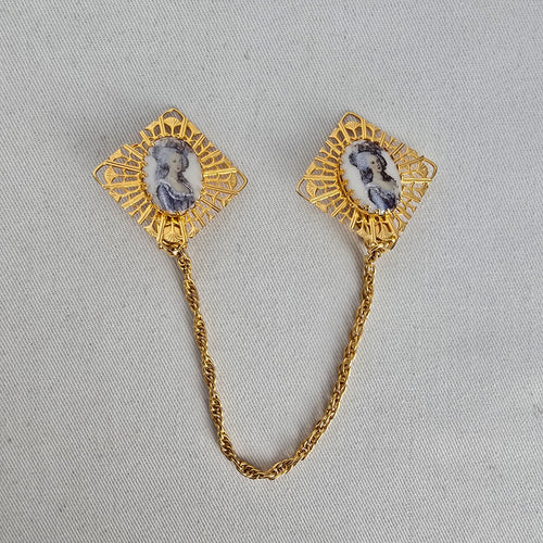 Vintage Gold Filigree Sweater Dress Clips with Portrait Cameos