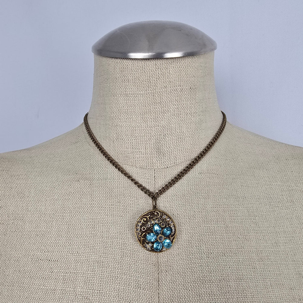 Vintage Gold Tone Blue Rhinestone Faux Pearl Filigree Pendant Necklace Floral Round Charm