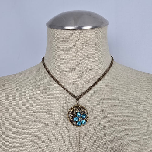 Vintage Gold Tone Blue Rhinestone Faux Pearl Filigree Pendant Necklace Floral Round Charm