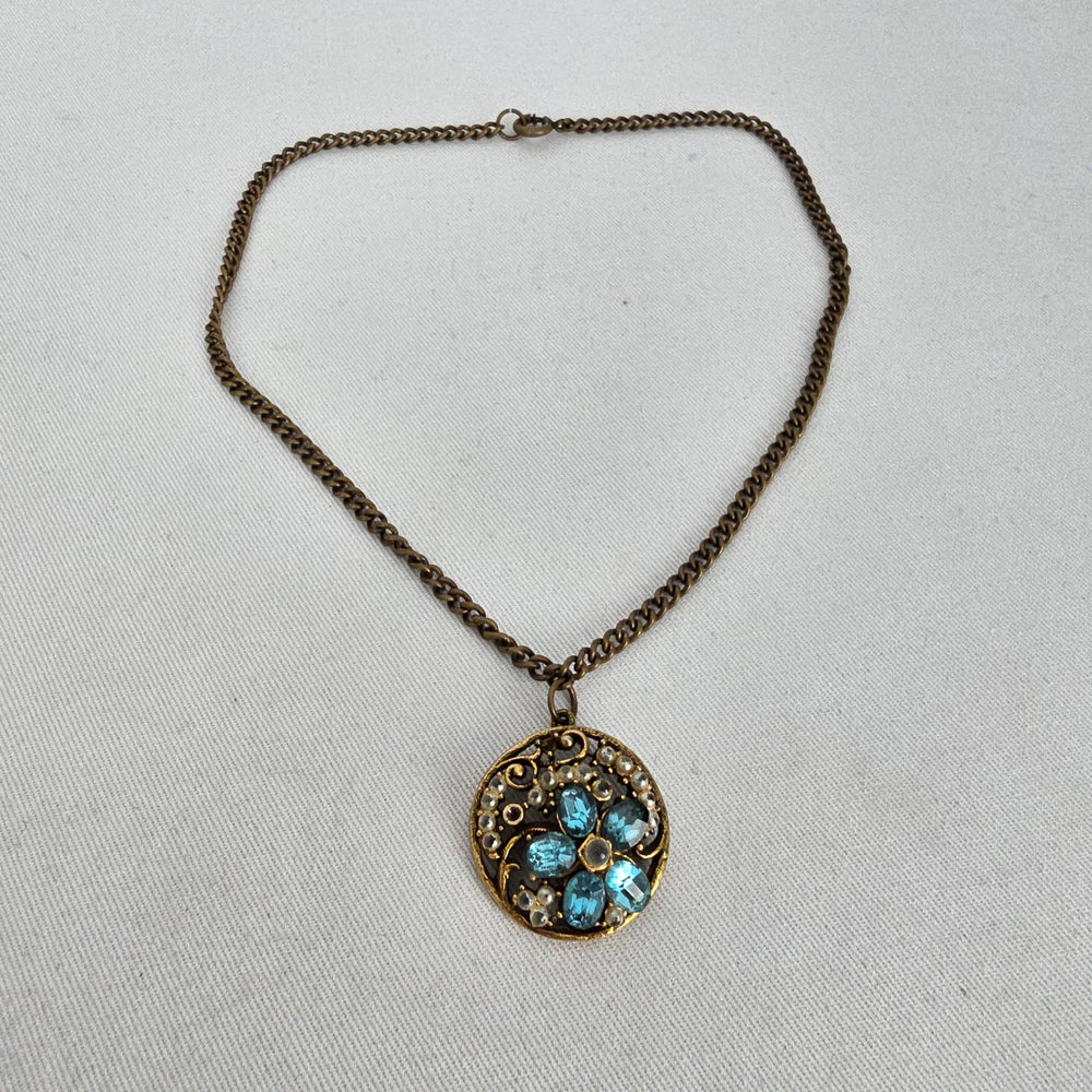 Vintage Gold Tone Blue Rhinestone Faux Pearl Filigree Pendant Necklace Floral Round Charm