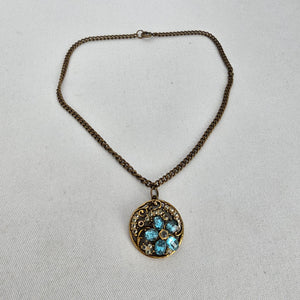 Vintage Gold Tone Blue Rhinestone Faux Pearl Filigree Pendant Necklace Floral Round Charm