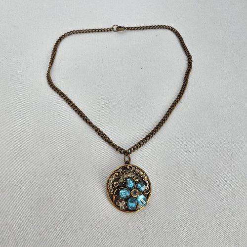 Vintage Gold Tone Blue Rhinestone Faux Pearl Filigree Pendant Necklace Floral Round Charm