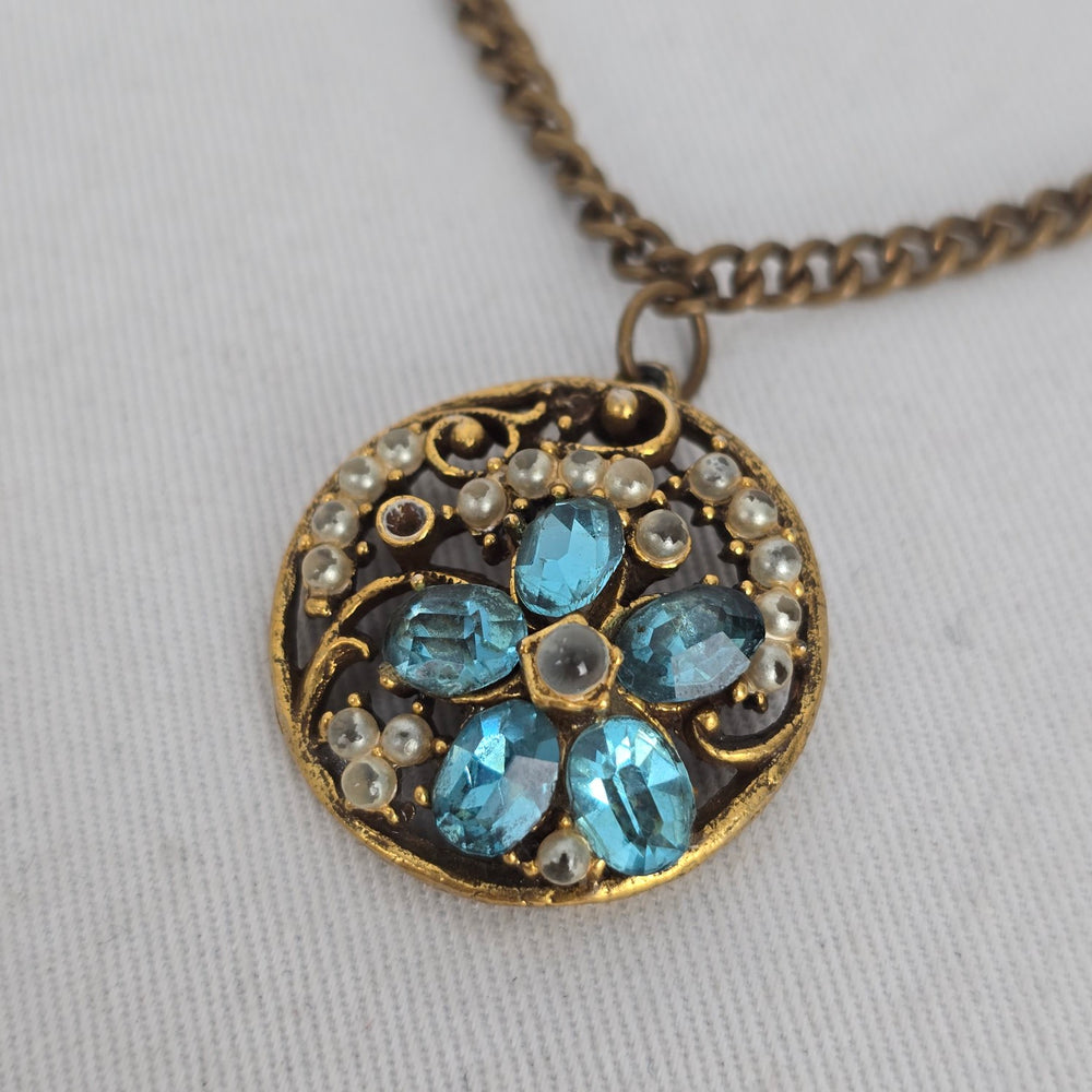 Vintage Gold Tone Blue Rhinestone Faux Pearl Filigree Pendant Necklace Floral Round Charm