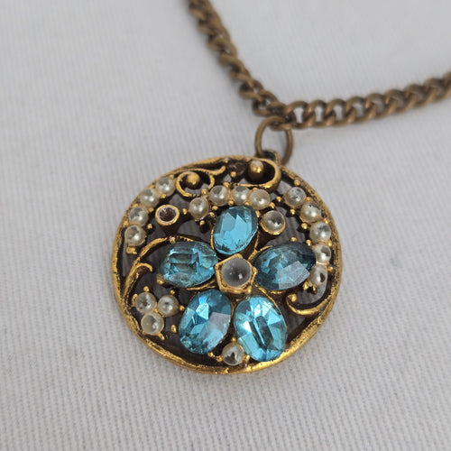Vintage Gold Tone Blue Rhinestone Faux Pearl Filigree Pendant Necklace Floral Round Charm