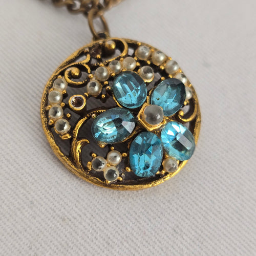 Vintage Gold Tone Blue Rhinestone Faux Pearl Filigree Pendant Necklace Floral Round Charm