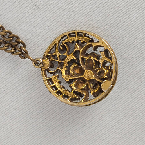Vintage Gold Tone Blue Rhinestone Faux Pearl Filigree Pendant Necklace Floral Round Charm