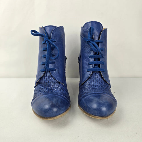 Chocolate Blue Leather Lace-Up Ankle Boots Size 8