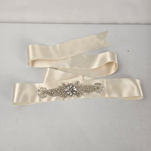 Ivory Satin Rhinestone Bridal Sash Belt with Crystal Floral Embellishment