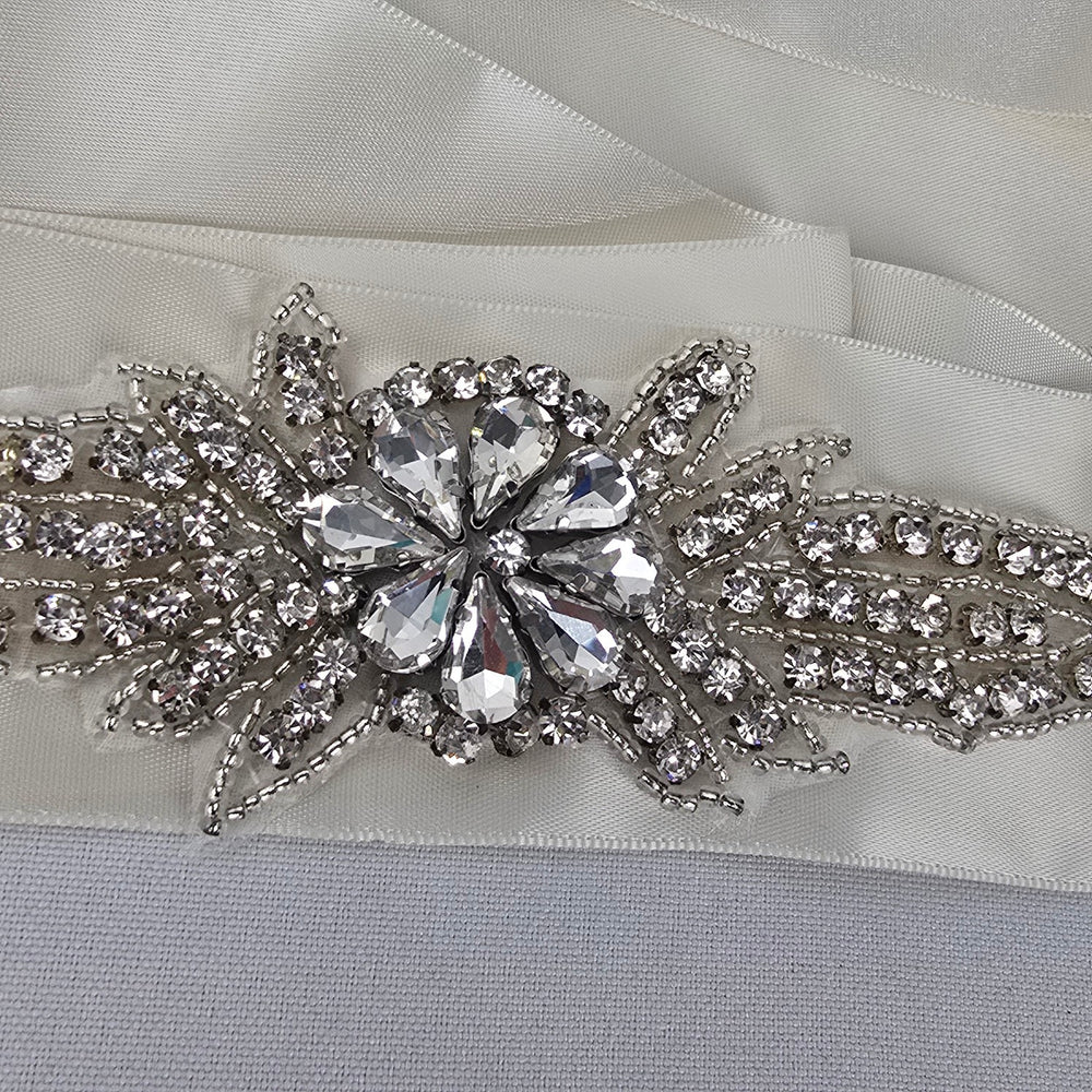 Ivory Satin Rhinestone Bridal Sash Belt with Crystal Floral Embellishment