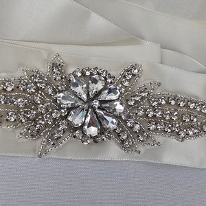 Ivory Satin Rhinestone Bridal Sash Belt with Crystal Floral Embellishment