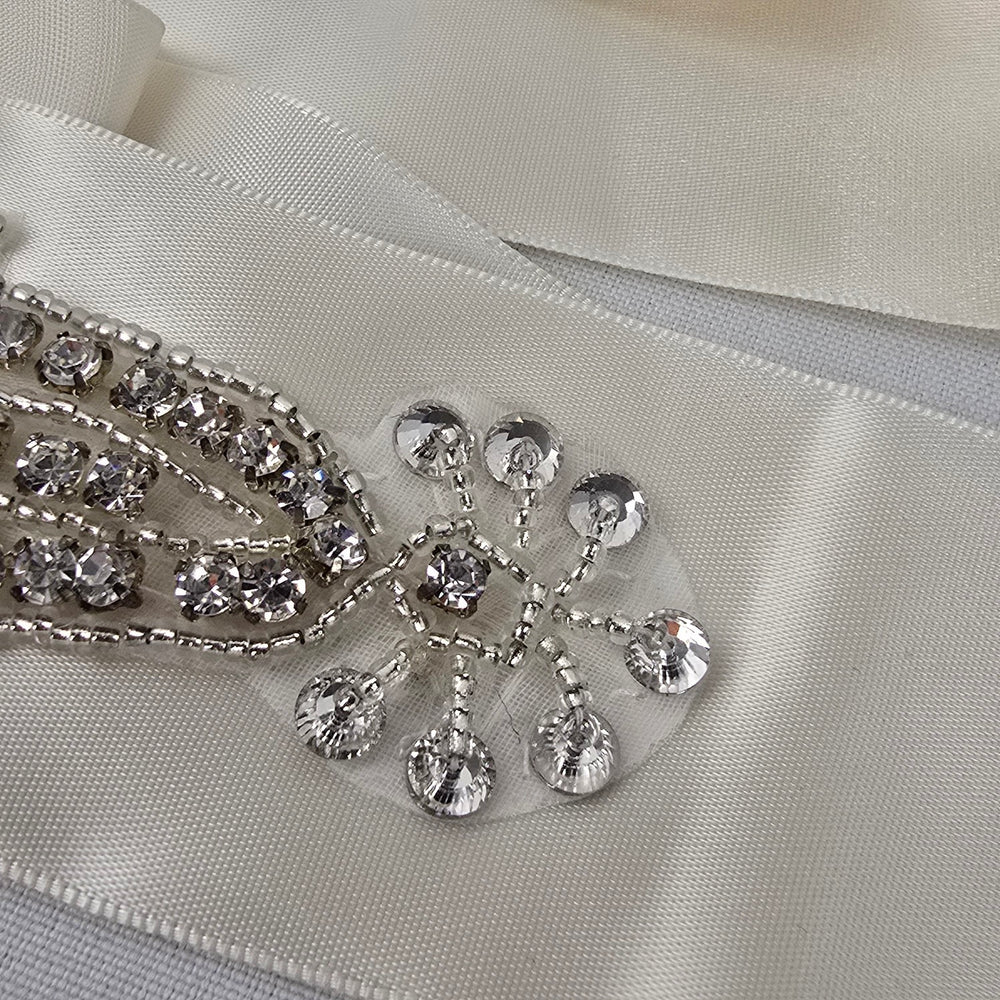 Ivory Satin Rhinestone Bridal Sash Belt with Crystal Floral Embellishment