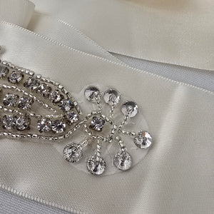 Ivory Satin Rhinestone Bridal Sash Belt with Crystal Floral Embellishment