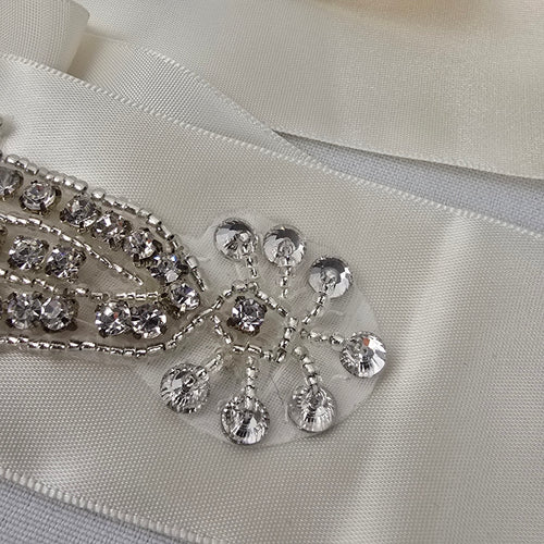 Ivory Satin Rhinestone Bridal Sash Belt with Crystal Floral Embellishment