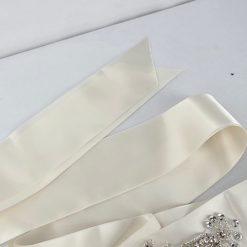 Ivory Satin Rhinestone Bridal Sash Belt with Crystal Floral Embellishment