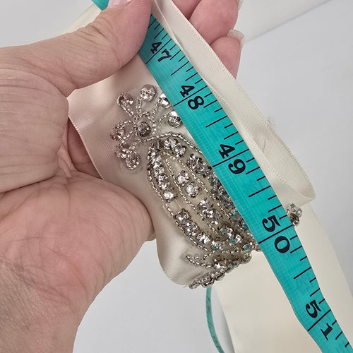 Ivory Satin Rhinestone Bridal Sash Belt with Crystal Floral Embellishment