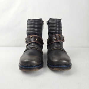 Felmini Distressed Black Leather Ankle Moto Boots Studded Straps Zipper Size 8