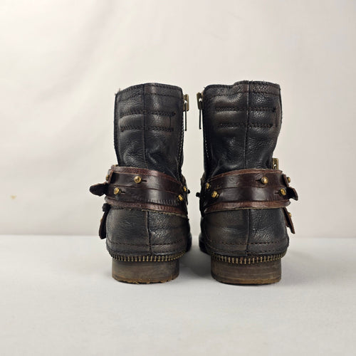 Felmini Distressed Black Leather Ankle Moto Boots Studded Straps Zipper Size 8