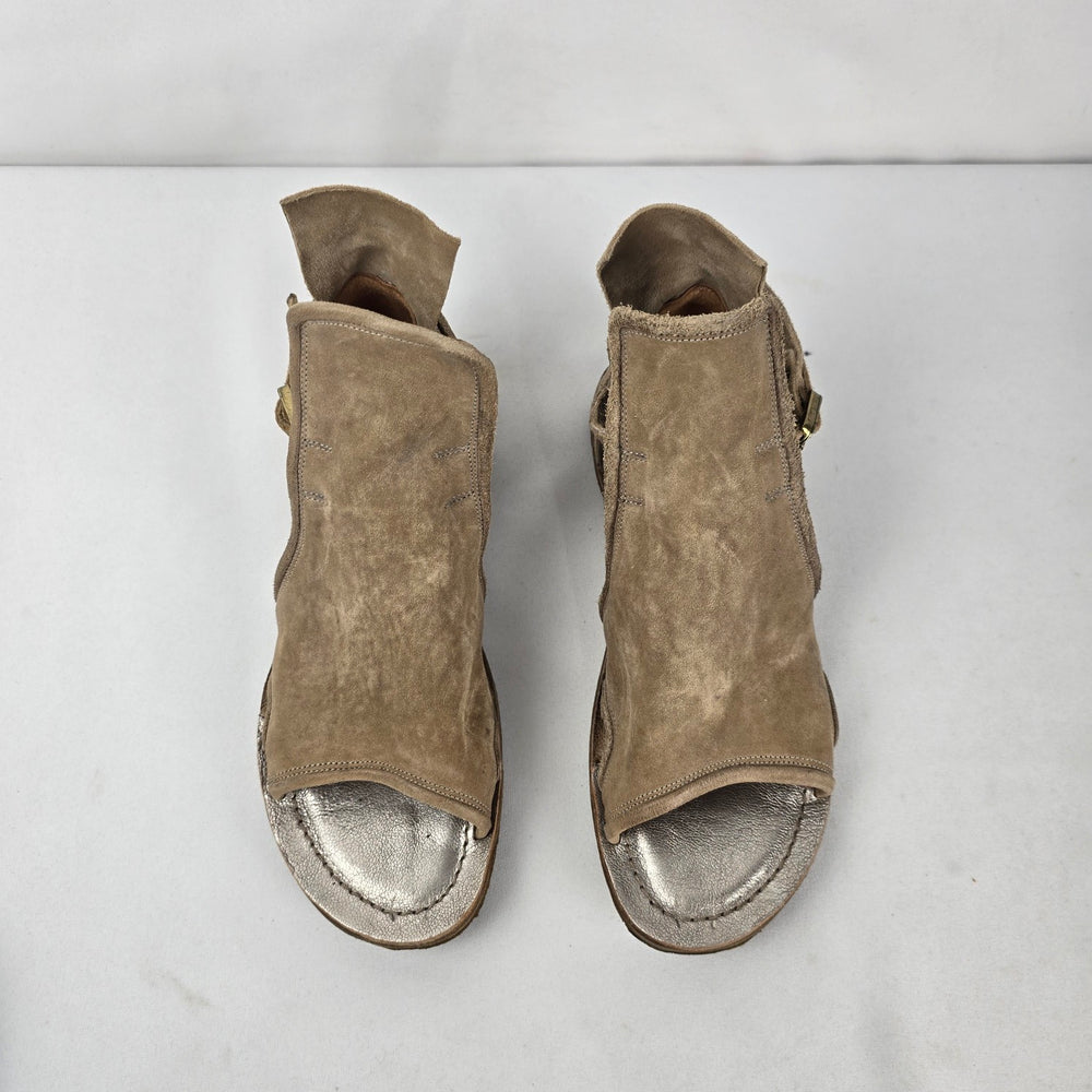 AS98 Distressed Taupe Suede Asymmetric Gladiator Sandals Ankle Strap Size 8.5