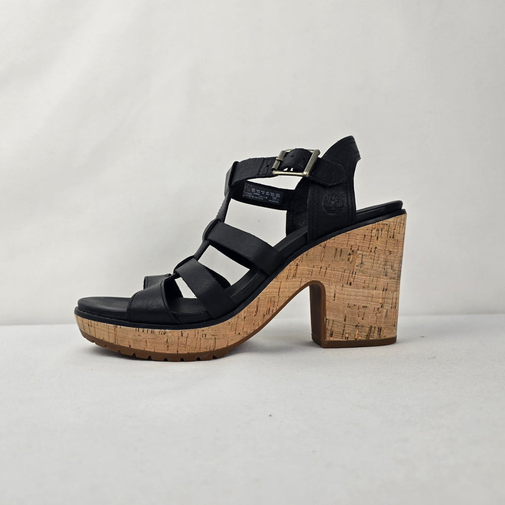 Timberland Black Leather Cork Platform Heeled Sandals Size 9.5