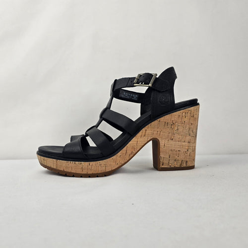 Timberland Black Leather Cork Platform Heeled Sandals Size 9.5
