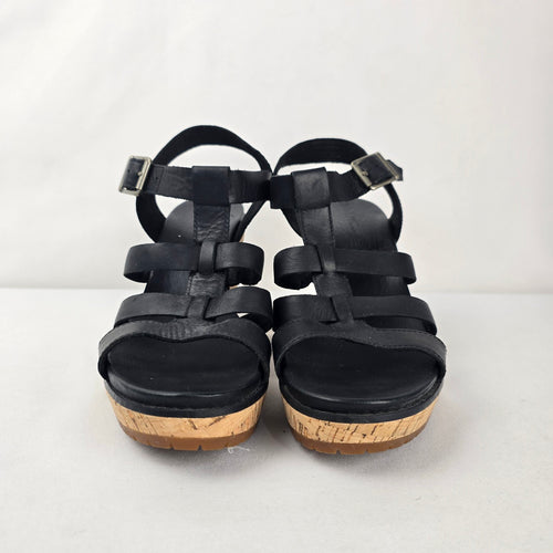 Timberland Black Leather Cork Platform Heeled Sandals Size 9.5