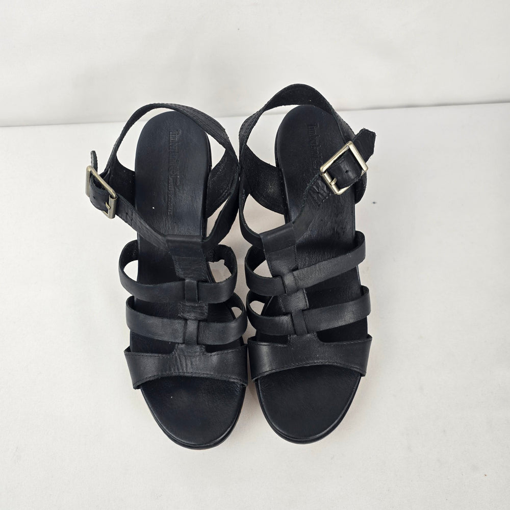 Timberland Black Leather Cork Platform Heeled Sandals Size 9.5