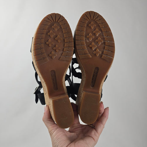 Timberland Black Leather Cork Platform Heeled Sandals Size 9.5