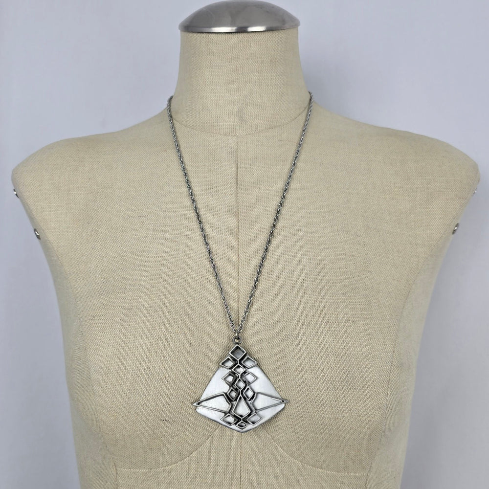 Vintage Celebrity Brushed Pewter Geometric Pendant Necklace