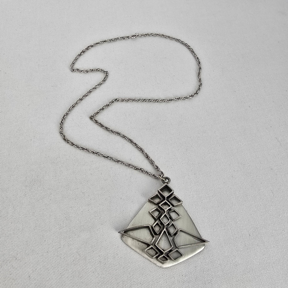 Vintage Celebrity Brushed Pewter Geometric Pendant Necklace