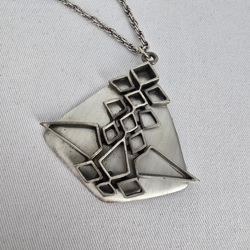 Vintage Celebrity Brushed Pewter Geometric Pendant Necklace