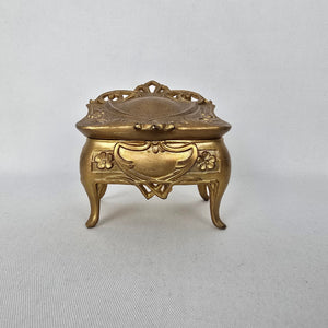 Vintage Art Nouveau Style Gold Tone Trinket Box with Green Satin Lining