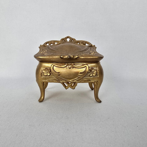 Vintage Art Nouveau Style Gold Tone Trinket Box with Green Satin Lining